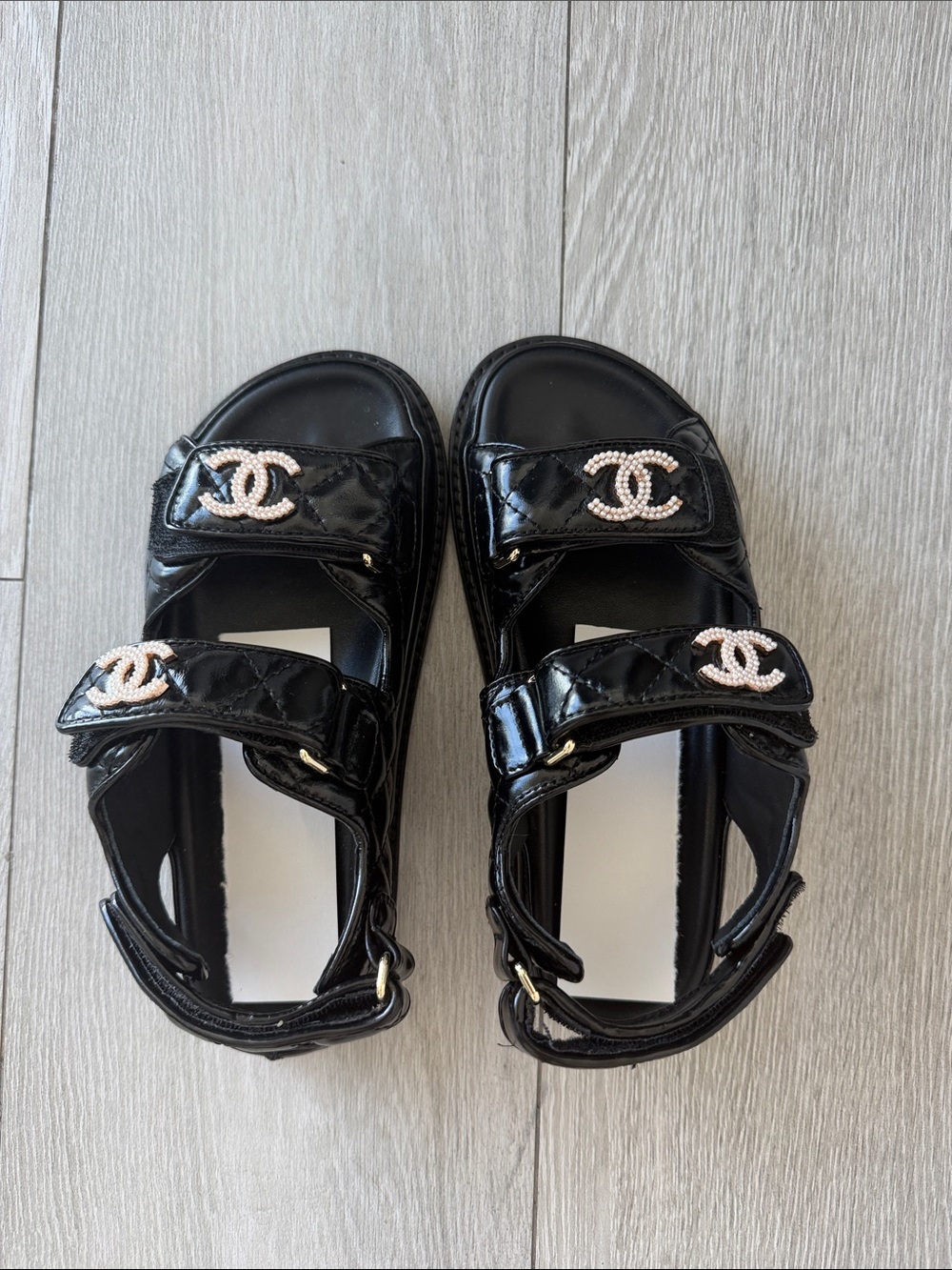 Double C Black Patent Sandals with Pearl CC Embellishments size 36